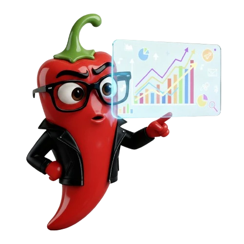 Hot Pepper analyst — a chili pepper in glasses presenting a growth dashboard