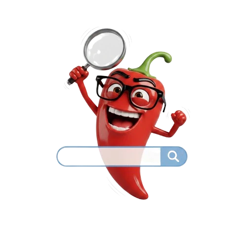 Hot Pepper analyst mascot with a magnifying glass